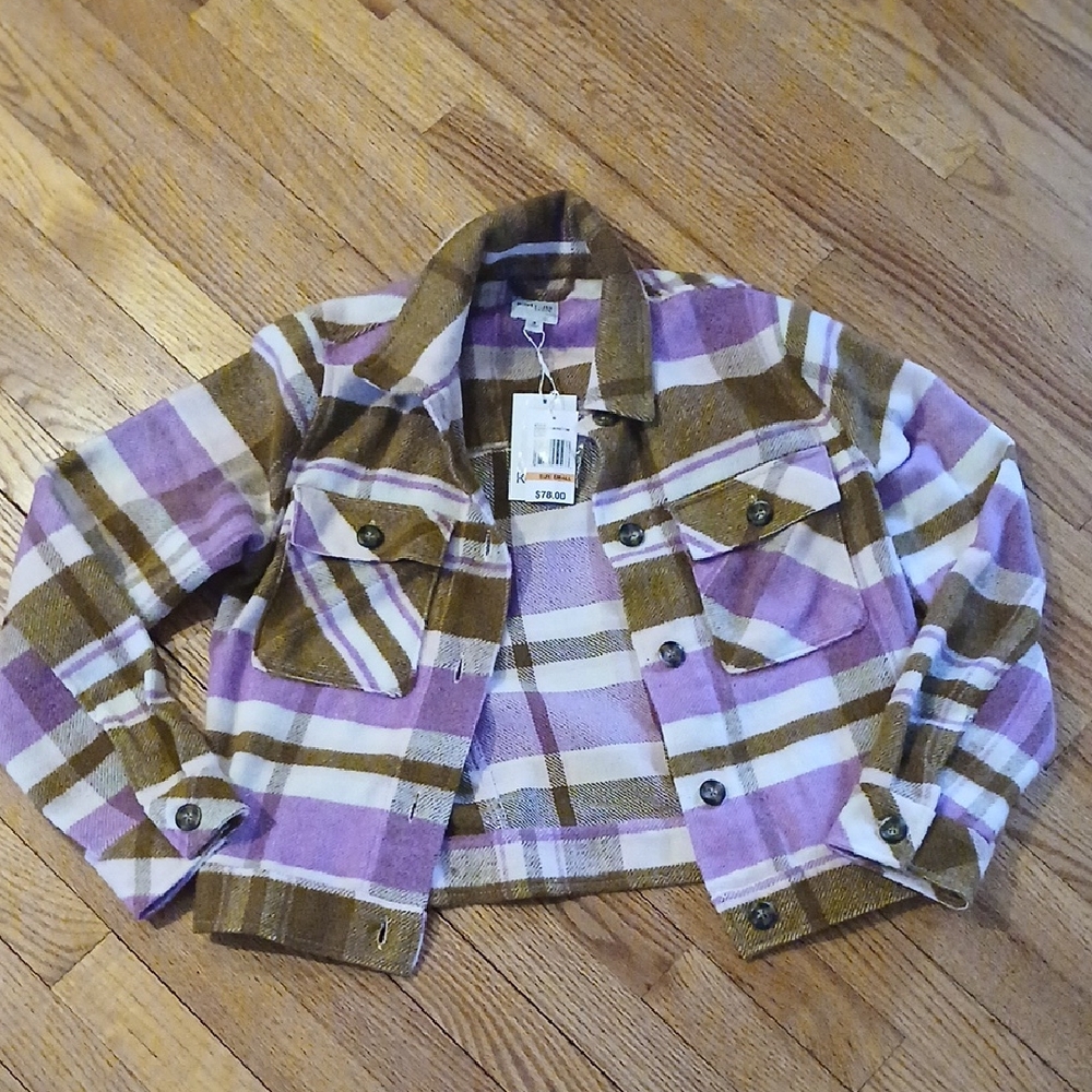 NWT Kensie Jeans Plaid Flannel Jacket in Purple, Brown & White ■ Size S